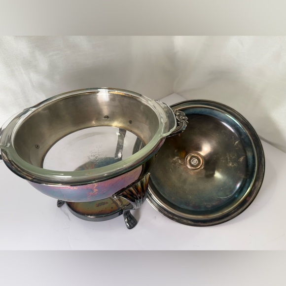 Antique 3 Piece Raimand Silver Plated 3 Footed Chafing Dish W/ Lid, Fire King - Picture 2 of 9